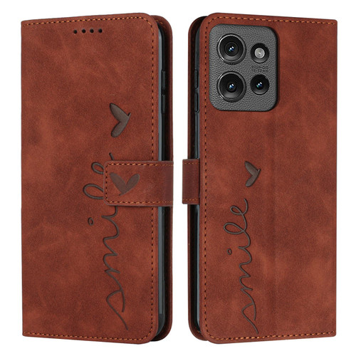 Moto G 2025 Skin Feel Heart Embossed Leather Phone Case with Long Lanyard - Brown